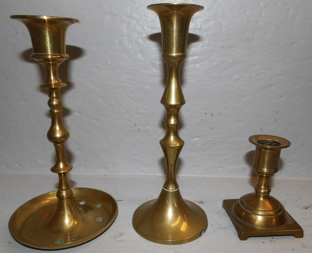Three Brass Candlesticks, Bell, & Silverplated Pie Server - 3