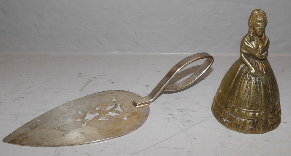 Three Brass Candlesticks, Bell, & Silverplated Pie Server - 4
