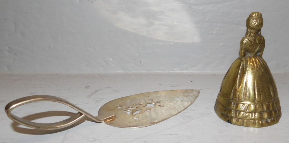 Three Brass Candlesticks, Bell, & Silverplated Pie Server - 5