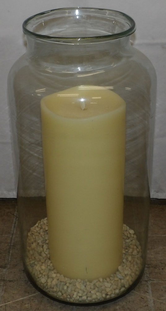 Large Glass Vase & Battery Operated Candle: Large Glass Vase & Battery Operated Candle. Up to 21 3/4" H 10" Dia. "ALL DESCRIPTIONS AND ANY CONDITION STATEMENT GIVEN BY LANGSTON AUCTION GALLERY ARE STRICTLY OPINIONS AND LANGSTON'S SHALL HAVE NO