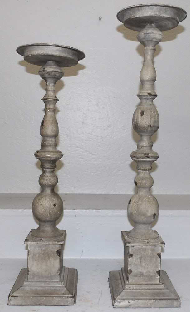 Two Painted Metal Candleholders: Two Painted Metal Candleholders . Up to 26" H 6" Dia. "ALL DESCRIPTIONS AND ANY CONDITION STATEMENT GIVEN BY LANGSTON AUCTION GALLERY ARE STRICTLY OPINIONS AND LANGSTON'S SHALL HAVE NO RESPONSIBILITY