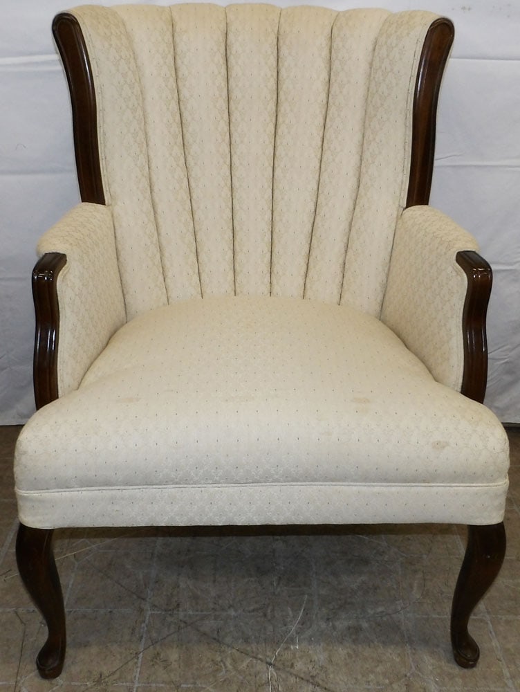 Mahogany & Upholstered Arm Chair: Mahogany & Upholstered Arm Chair . 38 1/2" H 28" W 30" D "ALL DESCRIPTIONS AND ANY CONDITION STATEMENT GIVEN BY LANGSTON AUCTION GALLERY ARE STRICTLY OPINIONS AND LANGSTON'S SHALL HAVE NO