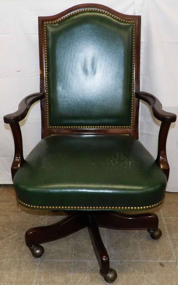 Mahogany & Leather Upholstered Swivel Desk Chair: Mahogany & Leather Upholstered Swivel Desk Chair. 40 1/2" H 26" W 26" D "ALL DESCRIPTIONS AND ANY CONDITION STATEMENT GIVEN BY LANGSTON AUCTION GALLERY ARE STRICTLY OPINIONS AND LANGSTON'S SHALL HAVE
