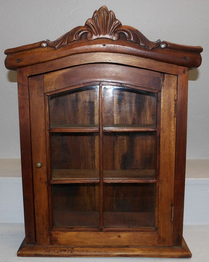 Small Mahogany Glass Door Hanging Cabinet: Small Mahogany Glass Door Hanging Cabinet . 23 3/4" H 17 1/2" W 5 1/2" D "ALL DESCRIPTIONS AND ANY CONDITION STATEMENT GIVEN BY LANGSTON AUCTION GALLERY ARE STRICTLY OPINIONS AND LANGSTON'S SHALL