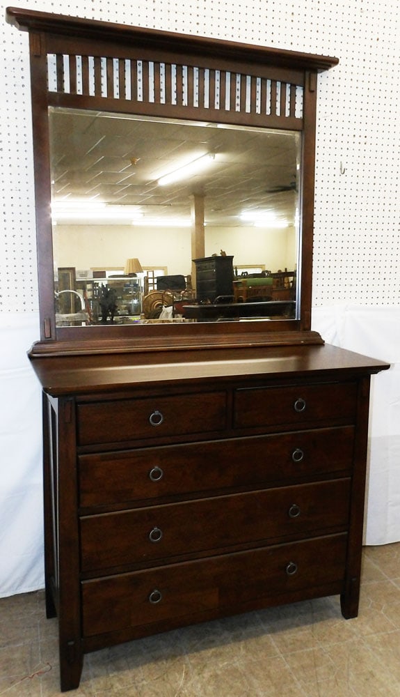 Cherry Dresser with Mirror by American Signature Collections: Cherry Dresser with Mirror by American Signature Collections . 79 1/4" H 44" W 19" D "ALL DESCRIPTIONS AND ANY CONDITION STATEMENT GIVEN BY LANGSTON AUCTION GALLERY ARE STRICTLY OPINIONS AND