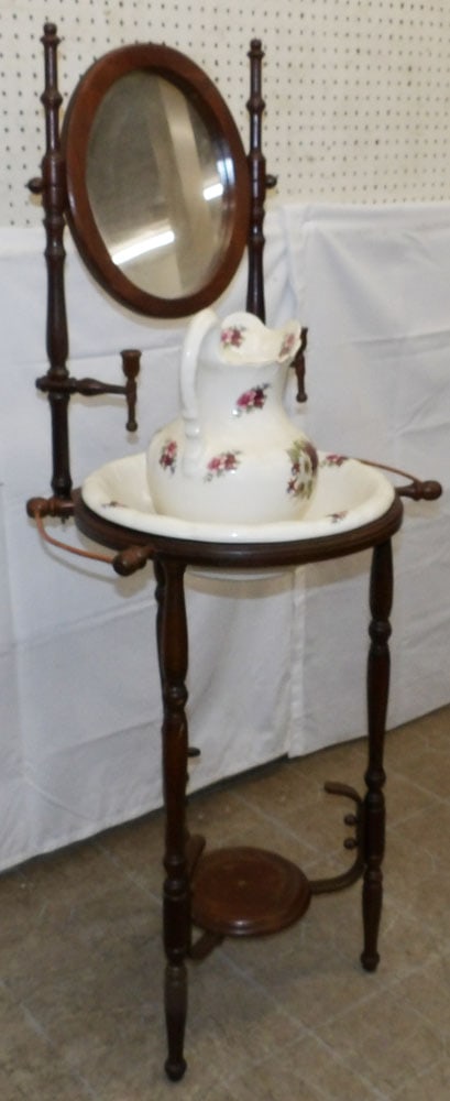 Mahogany Washstand with Painted Porcelain Bowl & Pitcher: Mahogany Washstand with Painted Porcelain Bowl & Pitcher. 52 1/2" H 20 1/2" W "ALL DESCRIPTIONS AND ANY CONDITION STATEMENT GIVEN BY LANGSTON AUCTION GALLERY ARE STRICTLY OPINIONS AND LANGSTON'S