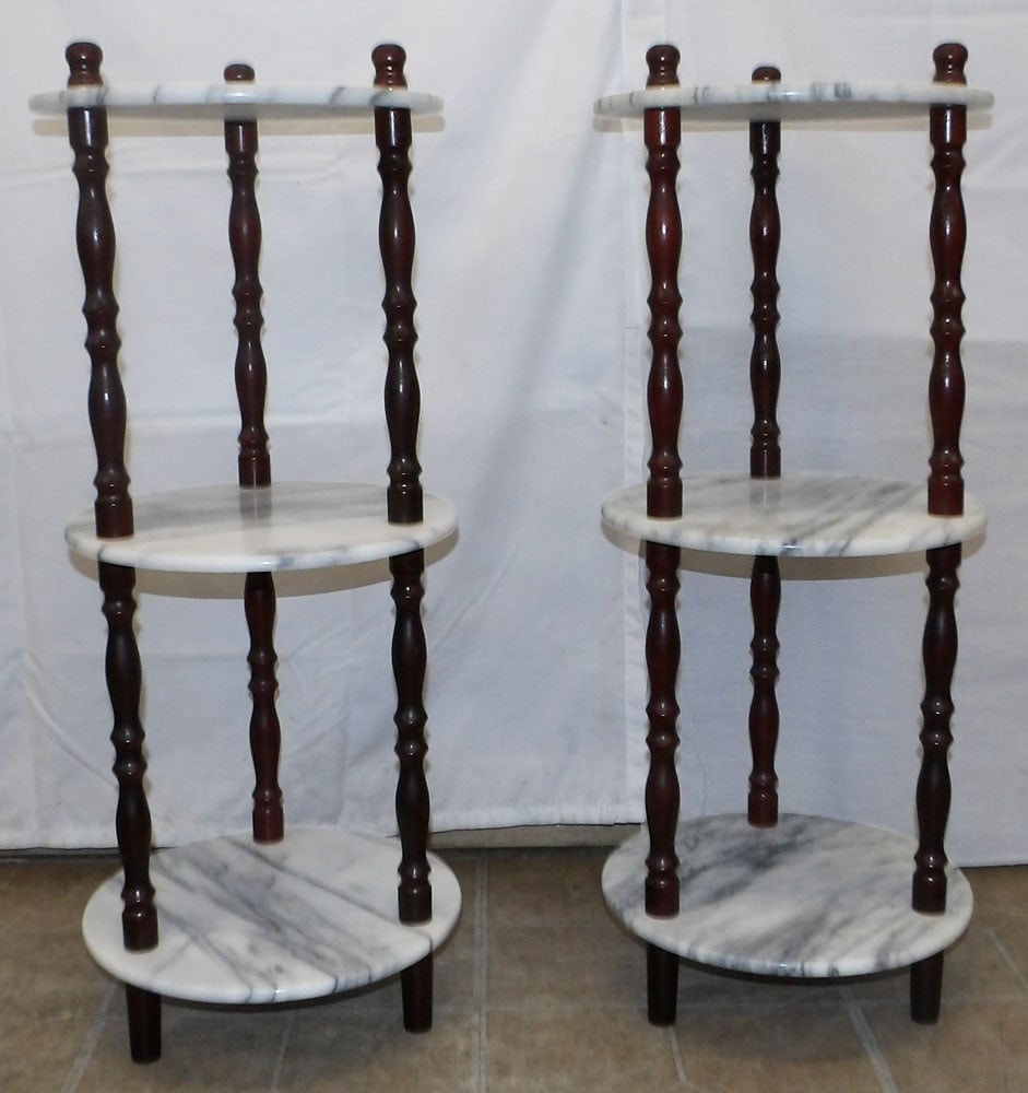 Pair of Round Mahogany & Marble Three Tier Stands: Pair of Round Mahogany & Marble Three Tier Stands . 30" H 12" Dia. "ALL DESCRIPTIONS AND ANY CONDITION STATEMENT GIVEN BY LANGSTON AUCTION GALLERY ARE STRICTLY OPINIONS AND LANGSTON'S SHALL HAVE NO