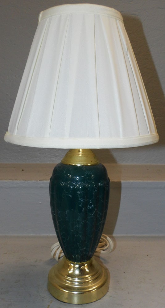 Porcelain & Gilded Metal Lamp: Porcelain & Gilded Metal Lamp. 18 3/4" H 10" Dia. "ALL DESCRIPTIONS AND ANY CONDITION STATEMENT GIVEN BY LANGSTON AUCTION GALLERY ARE STRICTLY OPINIONS AND LANGSTON'S SHALL HAVE NO RESPONSIBILITY FOR