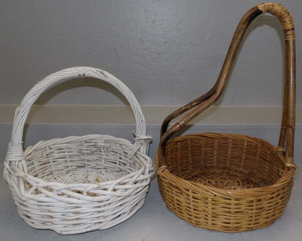 Painted Wicker Basket & Rattan Basket: Painted Wicker Basket & Rattan Basket . 19 3/4" H 14 1/2" Dia. "ALL DESCRIPTIONS AND ANY CONDITION STATEMENT GIVEN BY LANGSTON AUCTION GALLERY ARE STRICTLY OPINIONS AND LANGSTON'S SHALL HAVE NO