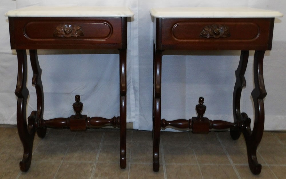 Pair of Mahogany One Drawer Marble Top Night Stands (1 of 7)