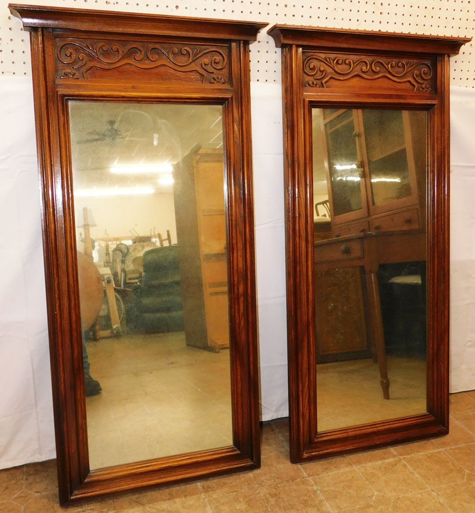 Pair of Oak Framed Mirrors: Pair of Oak Framed Mirrors. 49" x 25" "ALL DESCRIPTIONS AND ANY CONDITION STATEMENT GIVEN BY LANGSTON AUCTION GALLERY ARE STRICTLY OPINIONS AND LANGSTON'S SHALL HAVE NO RESPONSIBILITY FOR ERRORS OR OM