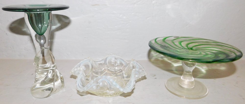 Opalescent Glass Dish, Art Glass Compote & Signed Candlestick (1 of 5)
