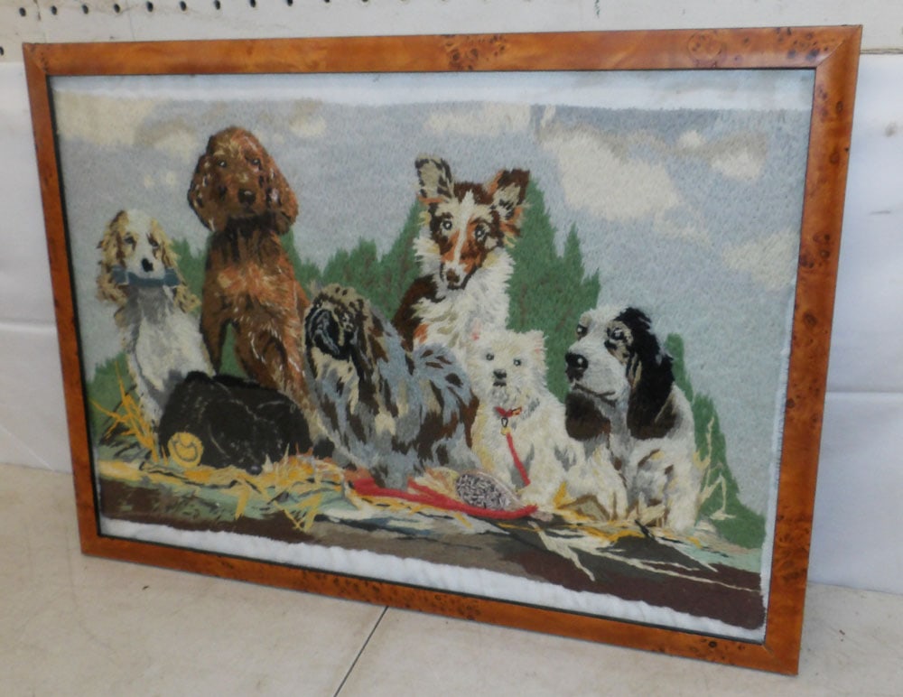 Framed Dog Embroidery: Framed Dog Embroidery . 14 3/4" x 20 1/4" "ALL DESCRIPTIONS AND ANY CONDITION STATEMENT GIVEN BY LANGSTON AUCTION GALLERY ARE STRICTLY OPINIONS AND LANGSTON'S SHALL HAVE NO RESPONSIBILITY FOR ERRORS