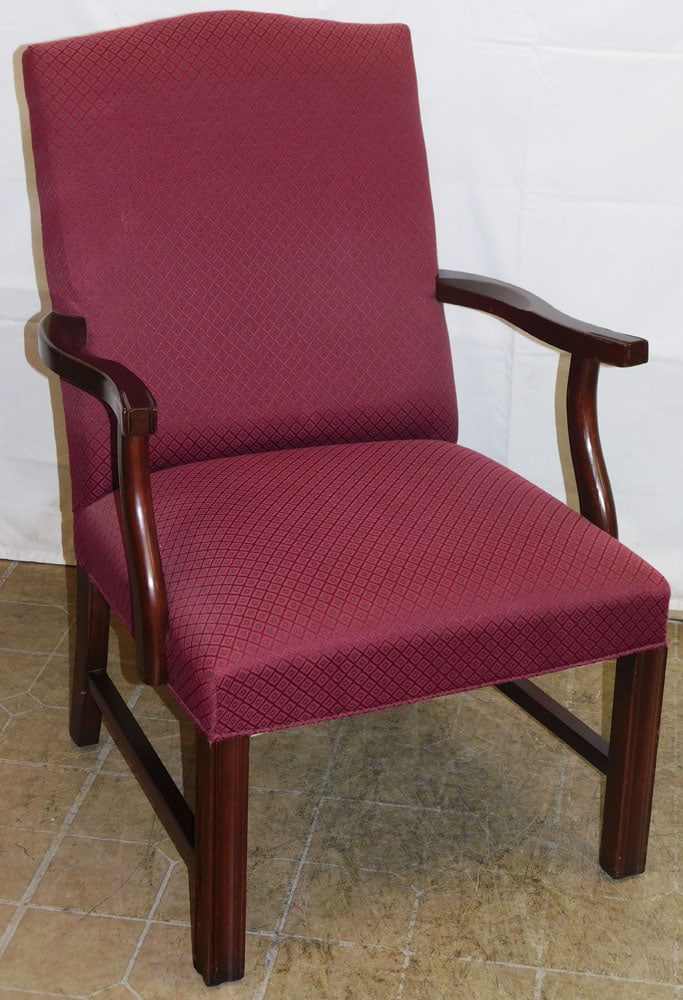 Mahogany & Upholstered Library Arm Chair by Morganton Furniture - Lenoir, NC: Mahogany & Upholstered Library Arm Chair by Morganton Furniture - Lenoir, NC. 37" H 25 3/4" W 25" D "ALL DESCRIPTIONS AND ANY CONDITION STATEMENT GIVEN BY LANGSTON AUCTION GALLERY ARE STRICTLY