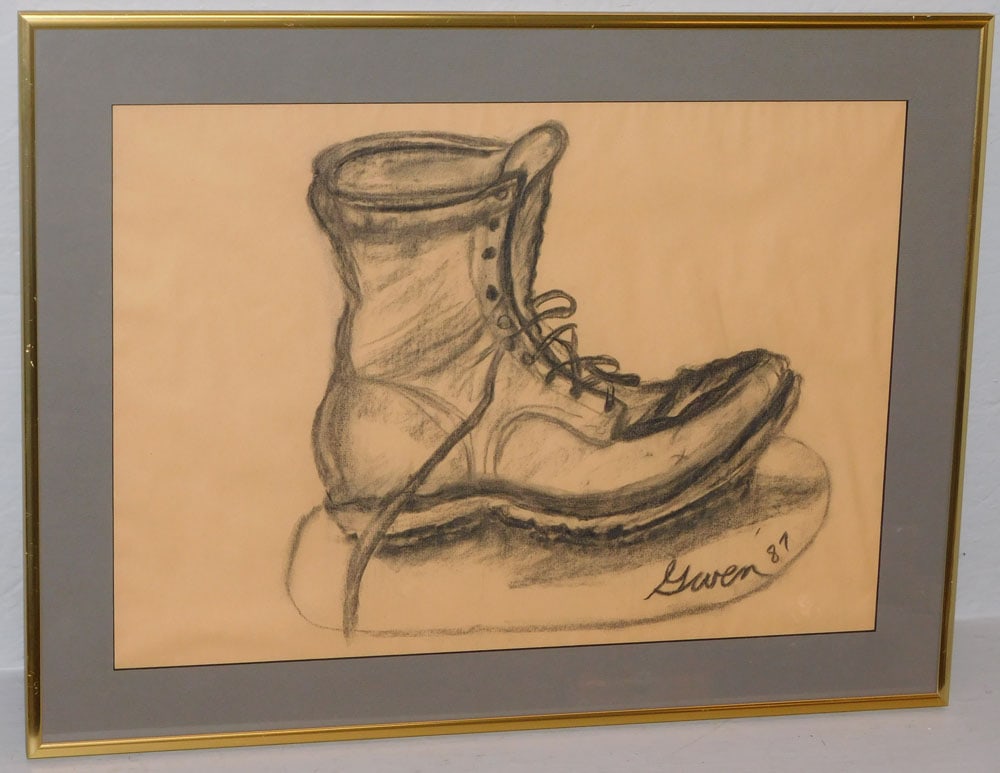 Vintage Charcoal Drawing of a Shoe Artist Signed & Dated: Vintage Charcoal Drawing of a Shoe Artist Signed & Dated . 18 1/2" x 24 1/2" "ALL DESCRIPTIONS AND ANY CONDITION STATEMENT GIVEN BY LANGSTON AUCTION GALLERY ARE STRICTLY OPINIONS AND LANGSTON'S SHALL