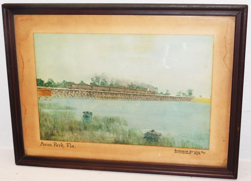 Antique Framed Painting of a Florida Railway Scene "Seaboard Air Line Ry. Development Dept.": Antique Framed Painting of a Florida Railway Scene "Seaboard Air Line Ry. Development Dept.". 17 1/2" x 22" "ALL DESCRIPTIONS AND ANY CONDITION STATEMENT GIVEN BY LANGSTON AUCTION GALLERY ARE