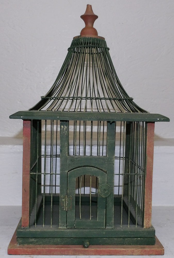 Painted Wood & Wire Bird Cage: Painted Wood & Wire Bird Cage . 16 3/4" H 10 1/4" Dia. "ALL DESCRIPTIONS AND ANY CONDITION STATEMENT GIVEN BY LANGSTON AUCTION GALLERY ARE STRICTLY OPINIONS AND LANGSTON'S SHALL HAVE NO