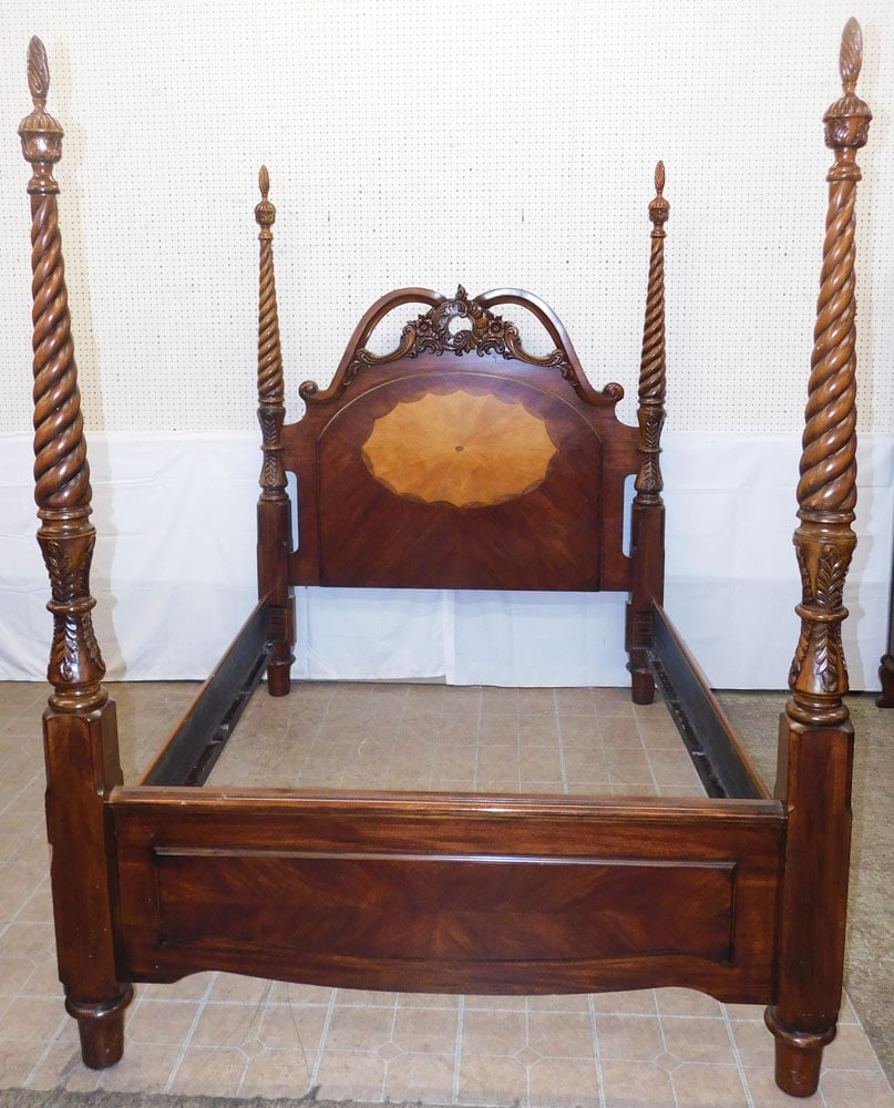 Mahogany Inlaid Four Post Queen Size Bed with Rails (1 of 7)