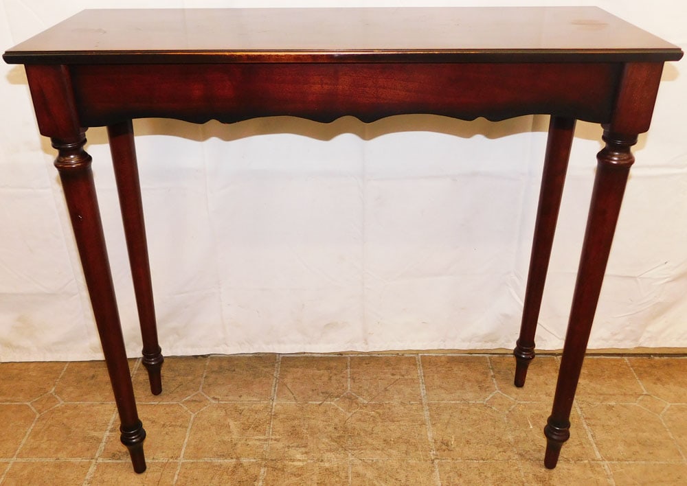 Mahogany & Burl Wood Inlaid Console by Bombay: Mahogany & Burl Wood Inlaid Console by Bombay. 29 1/4" H 32" W 12" D "ALL DESCRIPTIONS AND ANY CONDITION STATEMENT GIVEN BY LANGSTON AUCTION GALLERY ARE STRICTLY OPINIONS AND LANGSTON'S SHALL HAVE NO