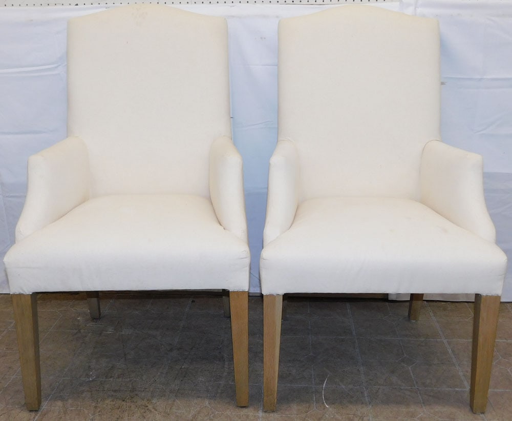 Pair of Upholstered Arm Chairs by Restoration Hardware: Pair of Upholstered Arm Chairs by Restoration Hardware. 43" H 25" W 22 1/2" D "ALL DESCRIPTIONS AND ANY CONDITION STATEMENT GIVEN BY LANGSTON AUCTION GALLERY ARE STRICTLY OPINIONS AND LANGSTON'S