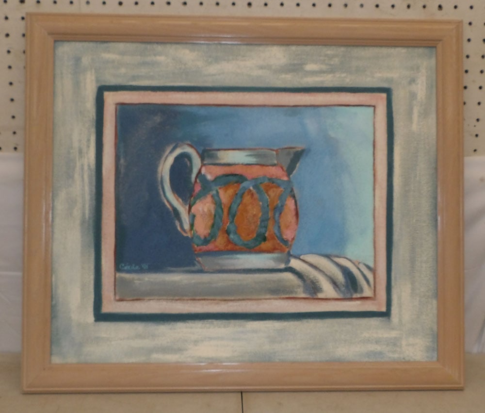 Oil on Canvas of an Antique Pitcher Artist Signed: Oil on Canvas of an Antique Pitcher Artist Signed . 23" x 27" "ALL DESCRIPTIONS AND ANY CONDITION STATEMENT GIVEN BY LANGSTON AUCTION GALLERY ARE STRICTLY OPINIONS AND LANGSTON'S SHALL HAVE NO