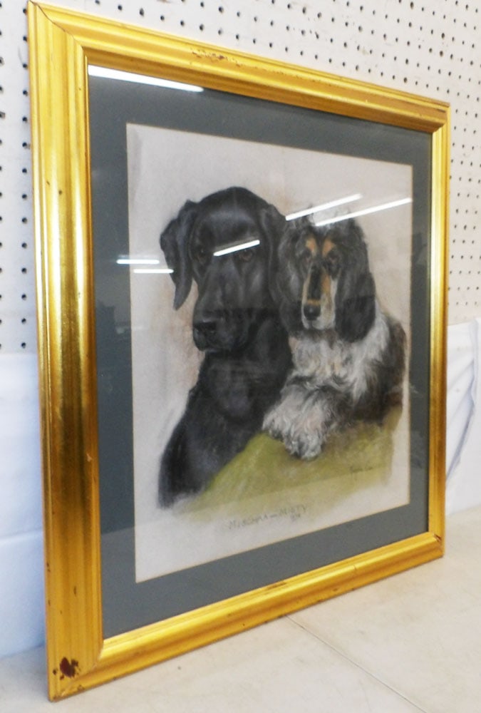 Framed Pastel of Two Dogs by Mayone Cox: Framed Pastel of Two Dogs by Mayone Cox . 27 3/4" x 25 3/4" "ALL DESCRIPTIONS AND ANY CONDITION STATEMENT GIVEN BY LANGSTON AUCTION GALLERY ARE STRICTLY OPINIONS AND LANGSTON'S SHALL HAVE NO
