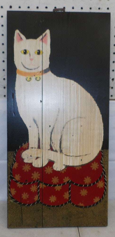 Painting of a Cat on Wood Panel: Painting of a Cat on Wood Panel. 24 1/4" x 11 1/2" "ALL DESCRIPTIONS AND ANY CONDITION STATEMENT GIVEN BY LANGSTON AUCTION GALLERY ARE STRICTLY OPINIONS AND LANGSTON'S SHALL HAVE NO RESPONSIBILITY