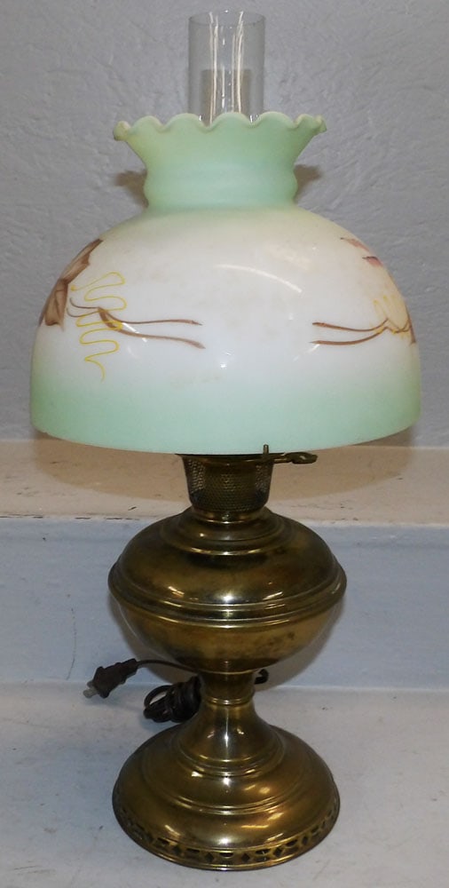 Antique Brass & Painted Glass Shade Oil Lamp Electrified: Antique Brass & Painted Glass Shade Oil Lamp Electrified . 20 1/2" H 10" Dia. "ALL DESCRIPTIONS AND ANY CONDITION STATEMENT GIVEN BY LANGSTON AUCTION GALLERY ARE STRICTLY OPINIONS AND LANGSTON'S SHALL