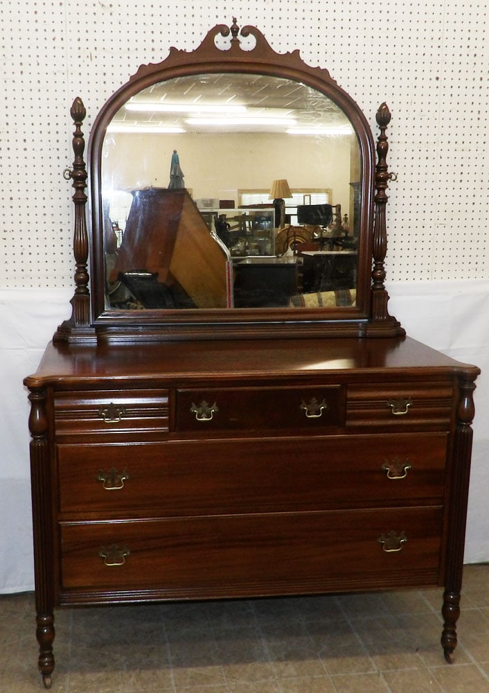 Mahogany Dresser with Mirror by Continental: Mahogany Dresser with Mirror by Continental. 75" H 49 3/4" W 22 1/2" D "ALL DESCRIPTIONS AND ANY CONDITION STATEMENT GIVEN BY LANGSTON AUCTION GALLERY ARE STRICTLY OPINIONS AND LANGSTON'S SHALL HAVE N