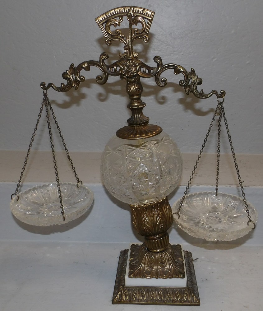 Cut Glass & Gilded Metal Scale, (As Found): Cut Glass & Gilded Metal Scale, (As Found). 20" H 18" W "ALL DESCRIPTIONS AND ANY CONDITION STATEMENT GIVEN BY LANGSTON AUCTION GALLERY ARE STRICTLY OPINIONS AND LANGSTON'S SHALL HAVE NO