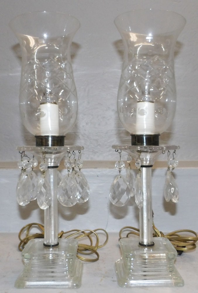 Pair of Crystal Lamps with Prisms & Etched Glass Shades (1 of 4)