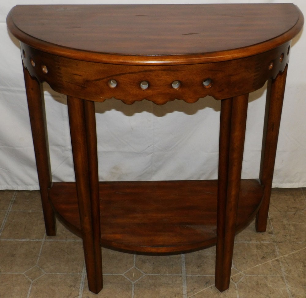 Mahogany Demi Lune Console: Mahogany Demi Lune Console . 30 1/4" H 30 1/2" W 15" D "ALL DESCRIPTIONS AND ANY CONDITION STATEMENT GIVEN BY LANGSTON AUCTION GALLERY ARE STRICTLY OPINIONS AND LANGSTON'S SHALL HAVE NO RESPONSIBILITY