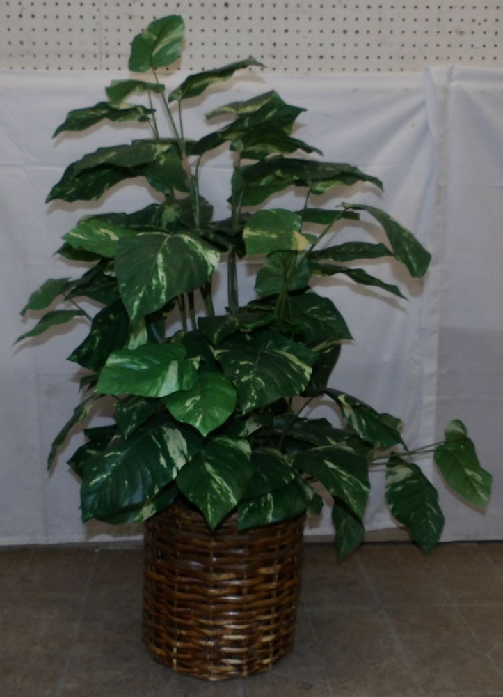 Faux Plant in Rattan Jardiniere: Faux Plant in Rattan Jardiniere . 42 1/2" H 27" W "ALL DESCRIPTIONS AND ANY CONDITION STATEMENT GIVEN BY LANGSTON AUCTION GALLERY ARE STRICTLY OPINIONS AND LANGSTON'S SHALL HAVE NO RESPONSIBILITY FOR