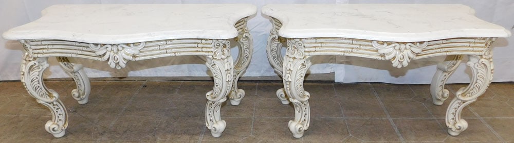 Pair of Painted Resin & Faux Marble Top Stands: Pair of Painted Resin & Faux Marble Top Stands . 13 3/4" H 28" W 15 3/4" D "ALL DESCRIPTIONS AND ANY CONDITION STATEMENT GIVEN BY LANGSTON AUCTION GALLERY ARE STRICTLY OPINIONS AND LANGSTON'S SHALL