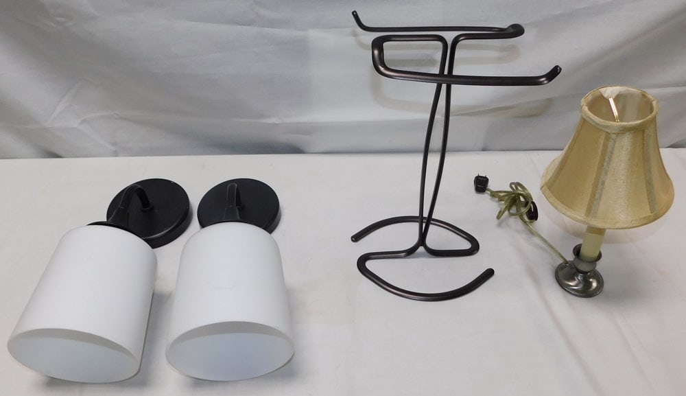 Pair of Metal & Glass Wall Lamps & Parts: Pair of Metal & Glass Wall Lamps & Parts . Up to 14" H 7 3/4" W "ALL DESCRIPTIONS AND ANY CONDITION STATEMENT GIVEN BY LANGSTON AUCTION GALLERY ARE STRICTLY OPINIONS AND LANGSTON'S SHALL HAVE NO