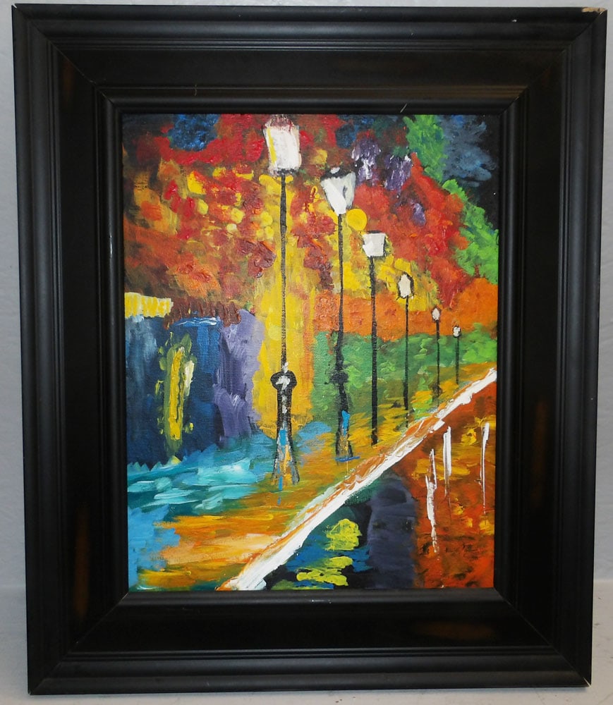 Framed Oil on Canvas Street Scene: Framed Oil on Canvas Street Scene . 19 1/4" x 16 1/4" "ALL DESCRIPTIONS AND ANY CONDITION STATEMENT GIVEN BY LANGSTON AUCTION GALLERY ARE STRICTLY OPINIONS AND LANGSTON'S SHALL HAVE NO RESPONSIBILITY
