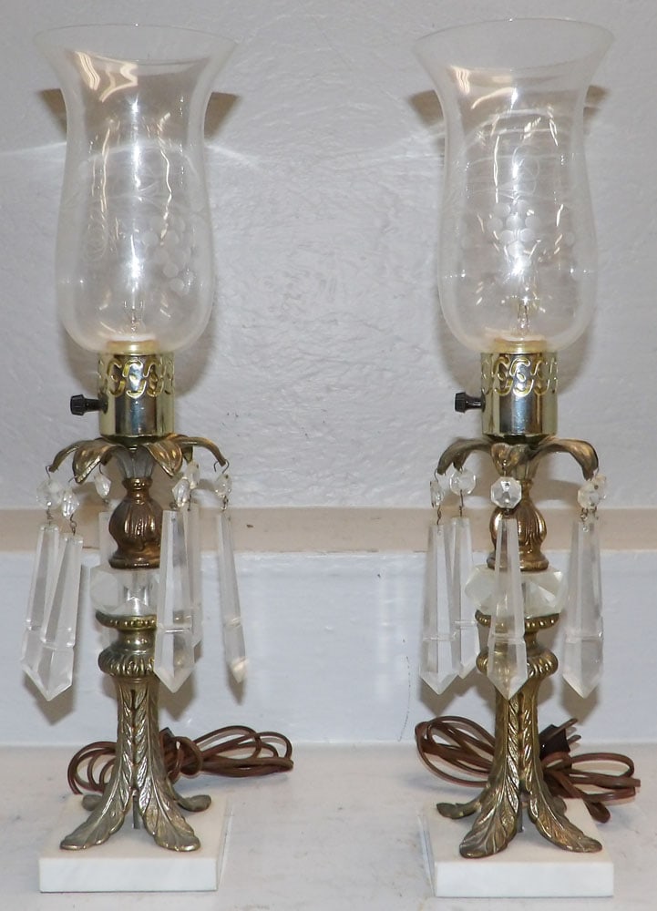 Pair of Gilded Metal Marble Base & Etched Glass Shade Lamps: Pair of Gilded Metal Marble Base & Etched Glass Shade Lamps . 19 1/4" H 4 3/4" Dia. "ALL DESCRIPTIONS AND ANY CONDITION STATEMENT GIVEN BY LANGSTON AUCTION GALLERY ARE STRICTLY OPINIONS AND