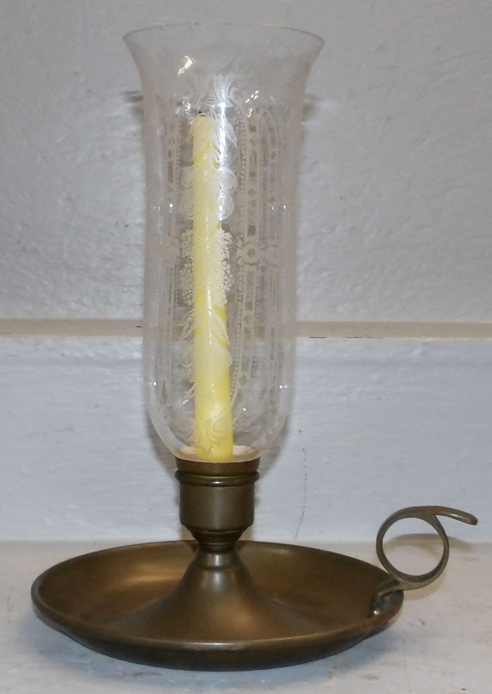 Antique Brass Chamber Candlestick with Glass Shade (1 of 3)