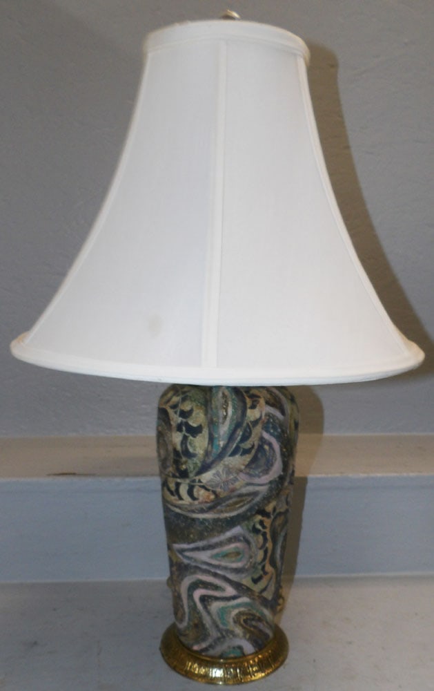 Painted Porcelain Vase Made Into Lamp: Painted Porcelain Vase Made Into Lamp. 25 3/4" H 16" Dia. "ALL DESCRIPTIONS AND ANY CONDITION STATEMENT GIVEN BY LANGSTON AUCTION GALLERY ARE STRICTLY OPINIONS AND LANGSTON'S SHALL HAVE NO