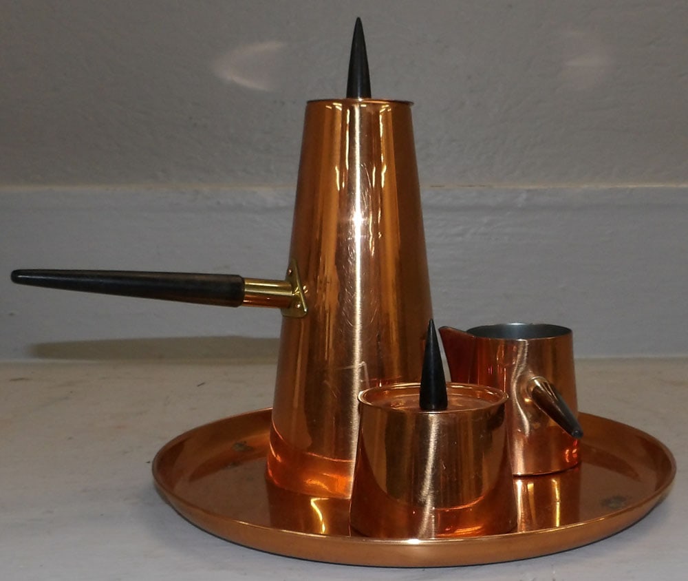 Four Piece Mid Century Modern Copper Tea Set by Douro B&M Portugal: Four Piece Mid Century Modern Copper Tea Set by Douro B&M Portugal . Tray 10 1/4" Dia. "ALL DESCRIPTIONS AND ANY CONDITION STATEMENT GIVEN BY LANGSTON AUCTION GALLERY ARE STRICTLY OPINIONS AND