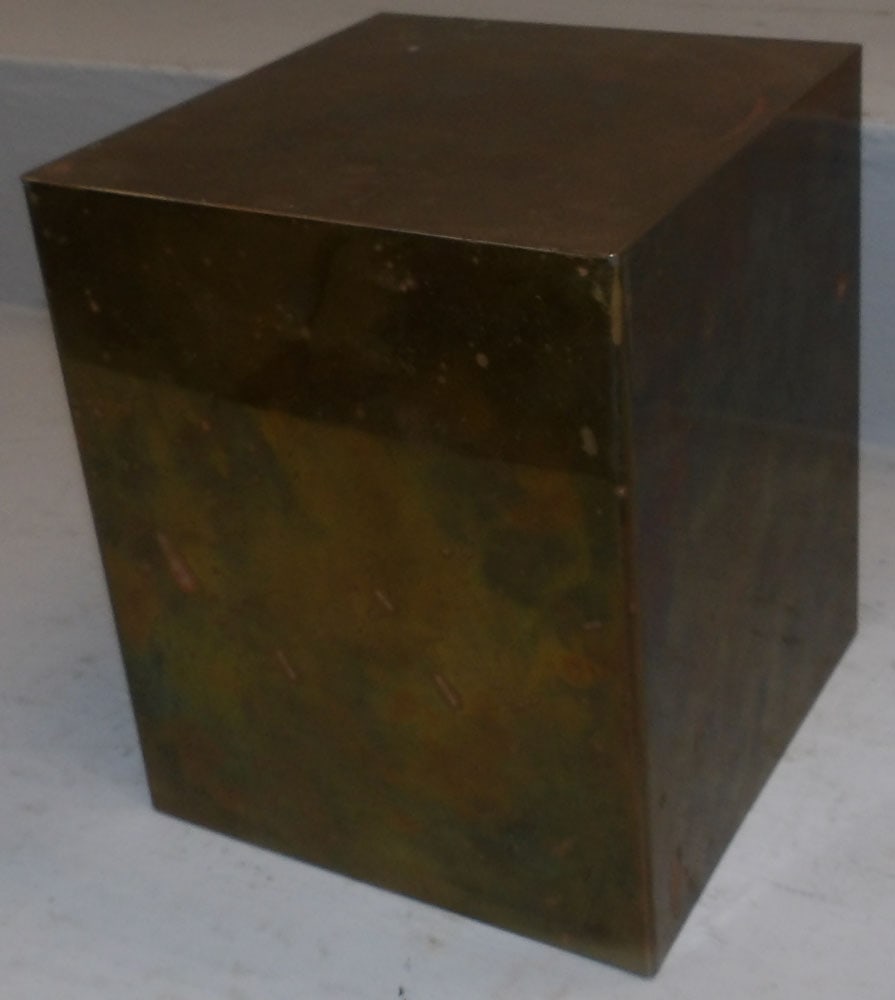 Brass Cube Form Table Top Pedestal: Brass Cube Form Table Top Pedestal . 8 3/4" H 7 1/4" Dia. "ALL DESCRIPTIONS AND ANY CONDITION STATEMENT GIVEN BY LANGSTON AUCTION GALLERY ARE STRICTLY OPINIONS AND LANGSTON'S SHALL HAVE NO