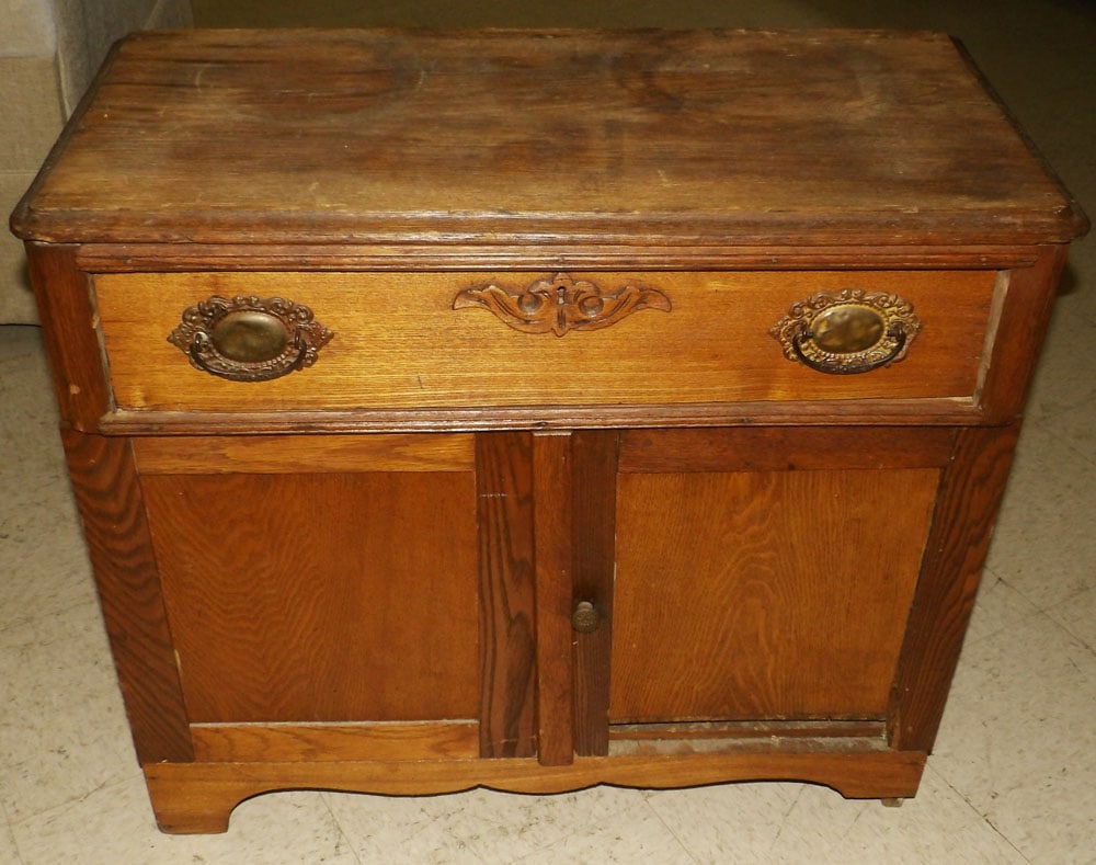 Antique Chestnut Washstand, As Found: Antique Chestnut Washstand, As Found. 29 1/4" H 32" W 16" D "ALL DESCRIPTIONS AND ANY CONDITION STATEMENT GIVEN BY LANGSTON AUCTION GALLERY ARE STRICTLY OPINIONS AND LANGSTON'S SHALL HAVE NO