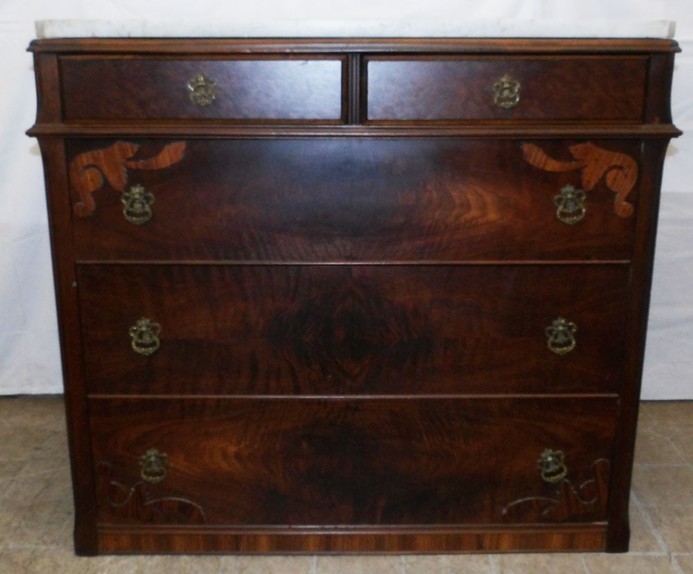 Antique Walnut Marble Top Two Over Three Drawer Chest: Antique Walnut Marble Top Two Over Three Drawer Chest . 34 1/2" H 37" W 19 1/2" D "ALL DESCRIPTIONS AND ANY CONDITION STATEMENT GIVEN BY LANGSTON AUCTION GALLERY ARE STRICTLY OPINIONS AND LANGSTON'S