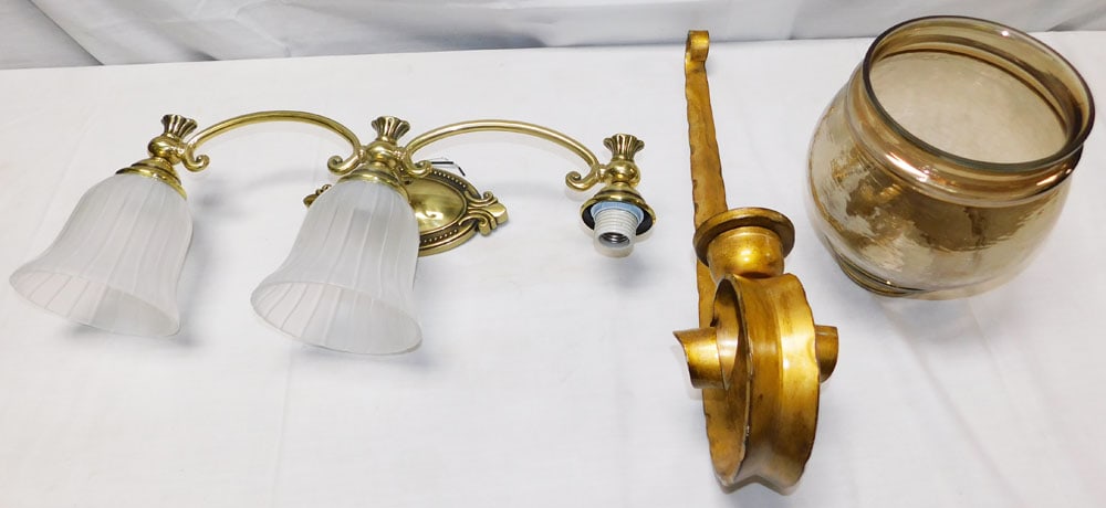 Gilded Metal Sconce & Brass Wall Lamp with Metal Shades: Gilded Metal Sconce & Brass Wall Lamp with Metal Shades . 23 1/2" H 8" W "ALL DESCRIPTIONS AND ANY CONDITION STATEMENT GIVEN BY LANGSTON AUCTION GALLERY ARE STRICTLY OPINIONS AND LANGSTON'S SHALL