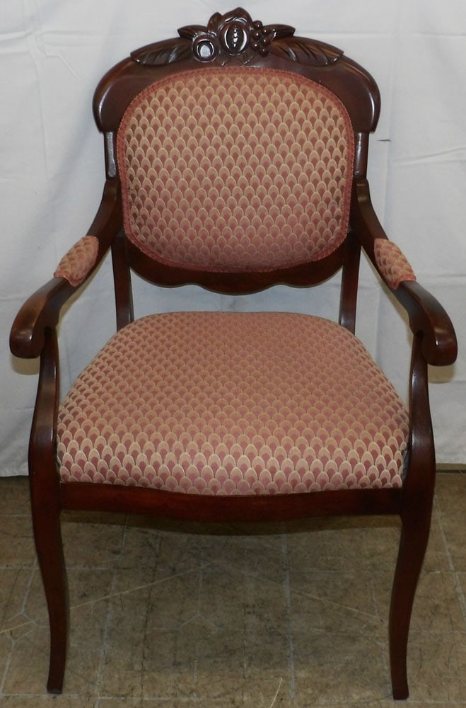 Mahogany & Upholstered Seat & Back Arm Chair: Mahogany & Upholstered Seat & Back Arm Chair . 32" H 37" W 23" D "ALL DESCRIPTIONS AND ANY CONDITION STATEMENT GIVEN BY LANGSTON AUCTION GALLERY ARE STRICTLY OPINIONS AND LANGSTON'S SHALL HAVE NO
