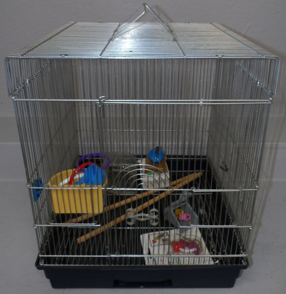 Painted Metal Bird Cage: Painted Metal Bird Cage . 21 1/2" H 18" W 19" D "ALL DESCRIPTIONS AND ANY CONDITION STATEMENT GIVEN BY LANGSTON AUCTION GALLERY ARE STRICTLY OPINIONS AND LANGSTON'S SHALL HAVE NO RESPONSIBILITY FOR