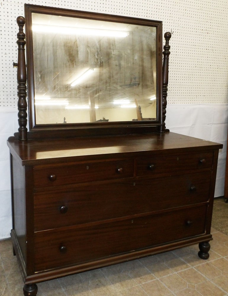 Antique Mahogany Dresser with Mirror: Antique Mahogany Dresser with Mirror. 70" H 54" W 24" D "ALL DESCRIPTIONS AND ANY CONDITION STATEMENT GIVEN BY LANGSTON AUCTION GALLERY ARE STRICTLY OPINIONS AND LANGSTON'S SHALL HAVE NO