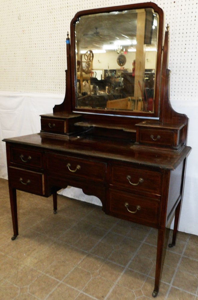 Antique Mahogany Inlaid Dresser with Mirror: Antique Mahogany Inlaid Dresser with Mirror . 67 1/2" H 48" W 21 1/4" D "ALL DESCRIPTIONS AND ANY CONDITION STATEMENT GIVEN BY LANGSTON AUCTION GALLERY ARE STRICTLY OPINIONS AND LANGSTON'S SHALL HAVE