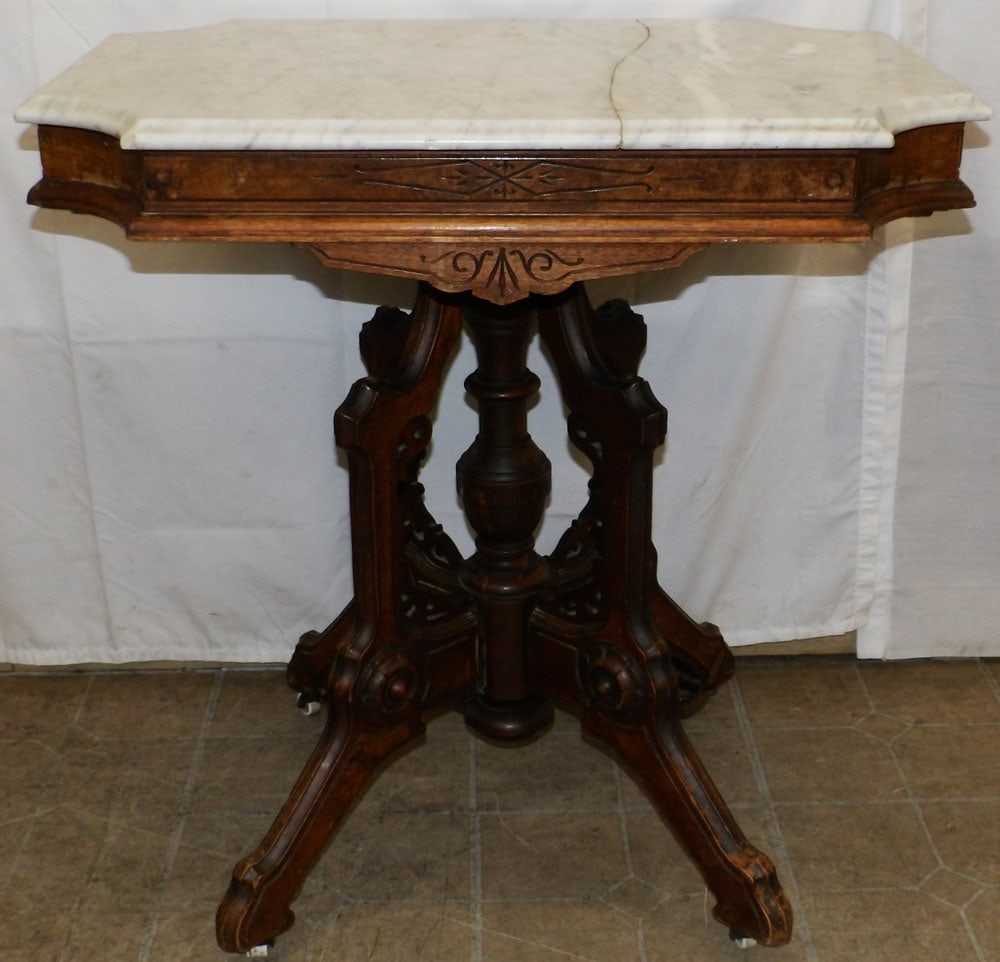 Antique Walnut Victorian Marble Top Table, Marble As Is: Antique Walnut Victorian Marble Top Table, Marble As Is. 31" H 30" W 21 1/2" D "ALL DESCRIPTIONS AND ANY CONDITION STATEMENT GIVEN BY LANGSTON AUCTION GALLERY ARE STRICTLY OPINIONS AND LANGSTON'S