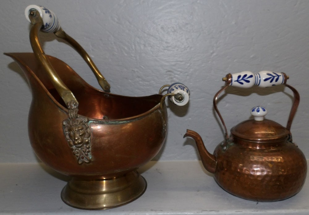 Copper Coal Bucket & Kettle with Blue & White Porcelain Handles (1 of 3)